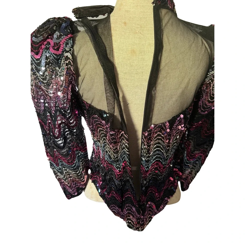 80s Pink Sequin Black Mesh Party Blouse SM/MED